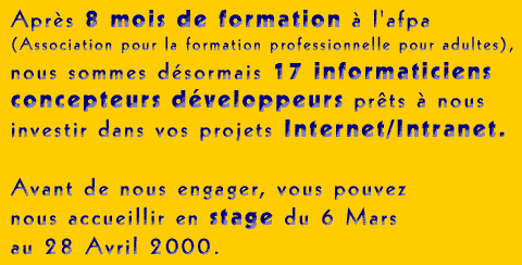 Après 8 mois de formation à l'afpa, nous sommes désormais 17 informaticiens concepteurs développeurs prêts à nous investir dans vos projets Intranet/intranet